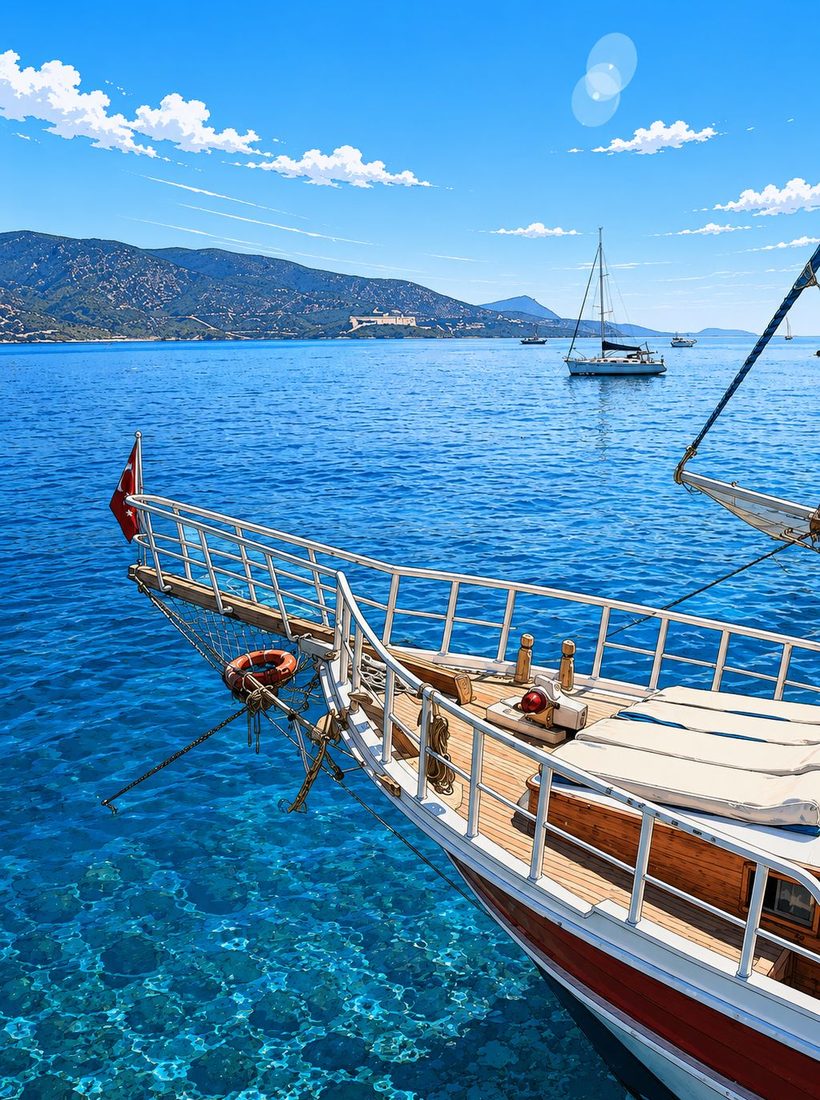 Bow of a traditional gulet moored over clear water, with yachts anchored in the bay beyond