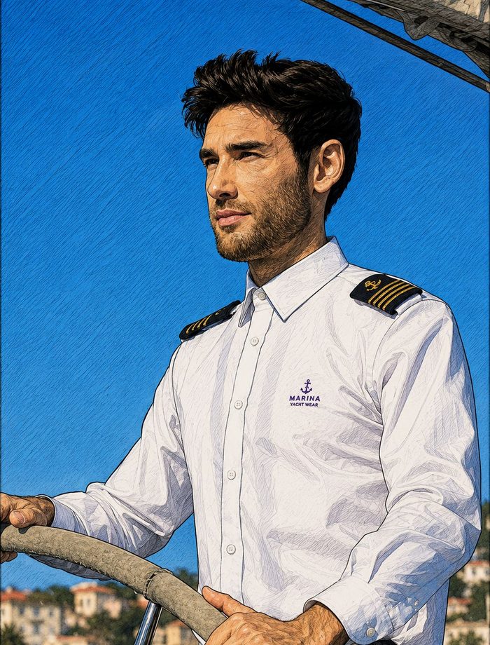 Yacht captain in uniform at the helm