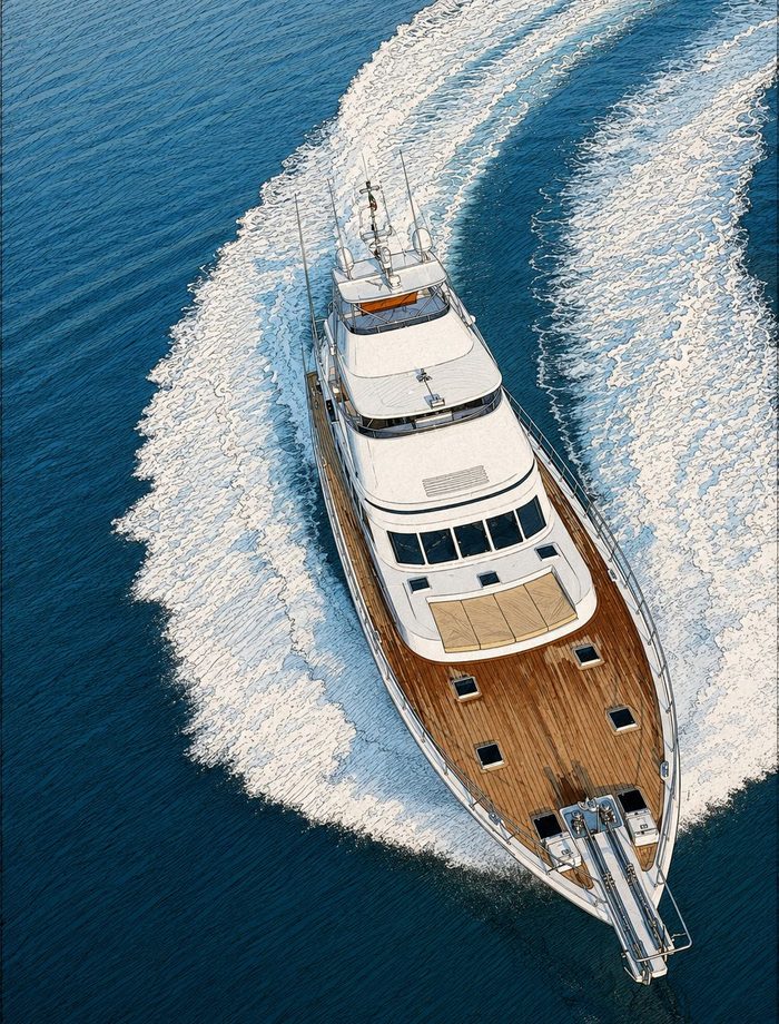 Motor yacht under way seen from above, carving a wake