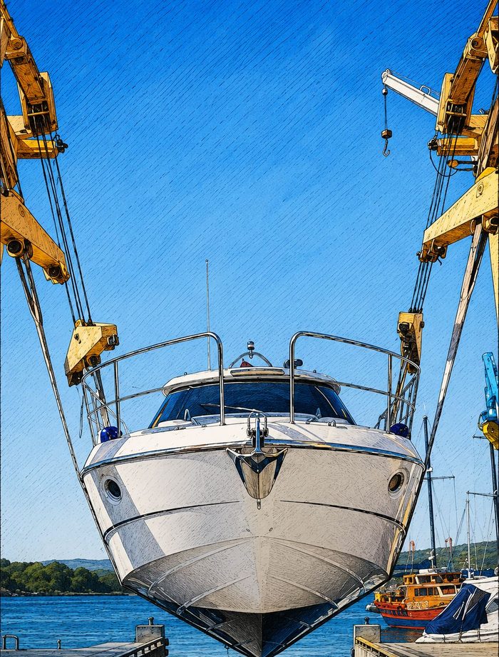 Motor yacht lifted in a shipyard beside dockside cranes