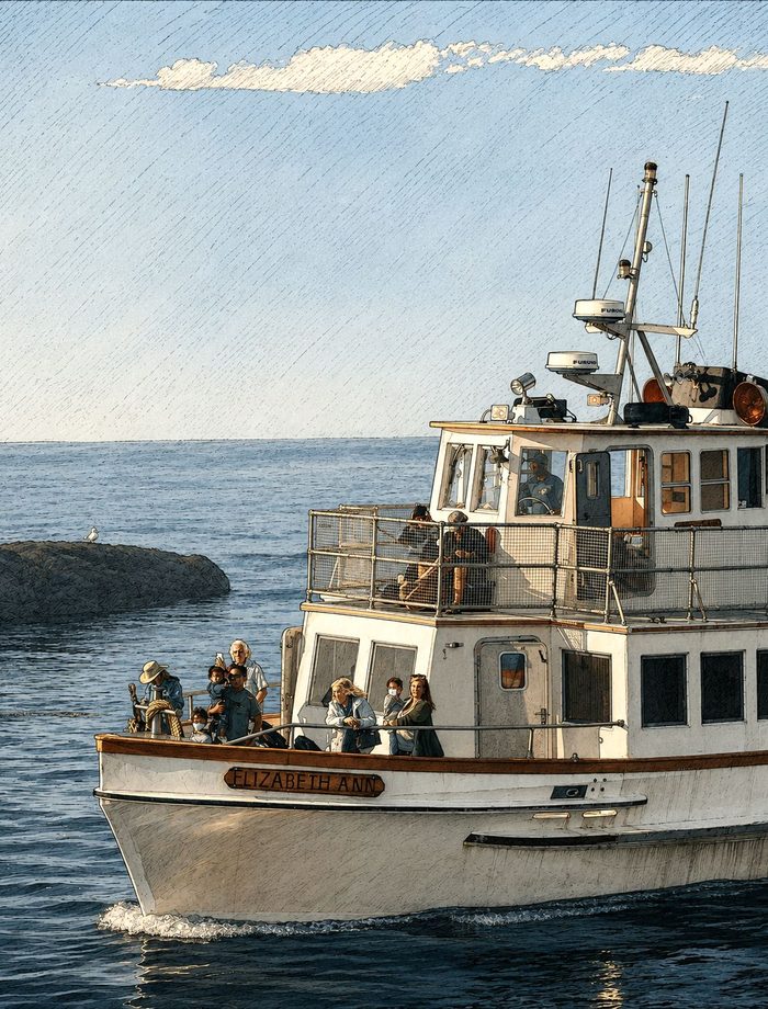 Tourism vessel carrying guests along a rocky coastline